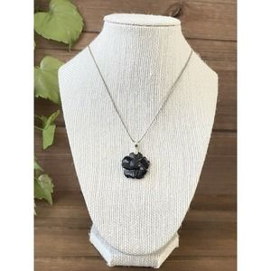 Sterling Silver Onyx Flower Pendant - Carved - 16” Chain